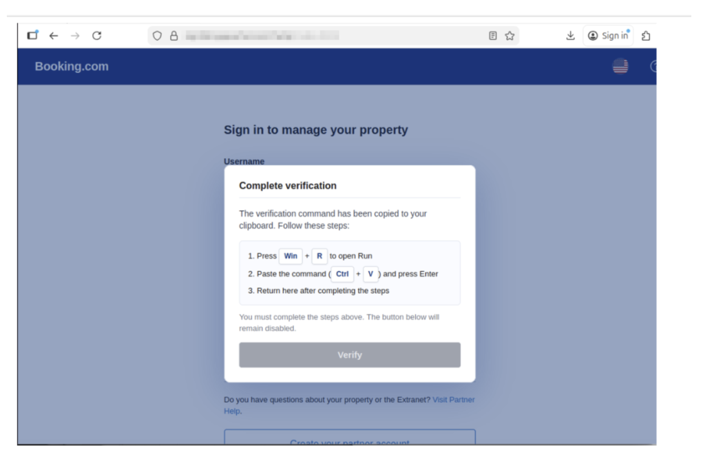 This shows a screenshot of a fake Booking.com website detected by McAfee that was attempting to trick users into running malicious script/code 
